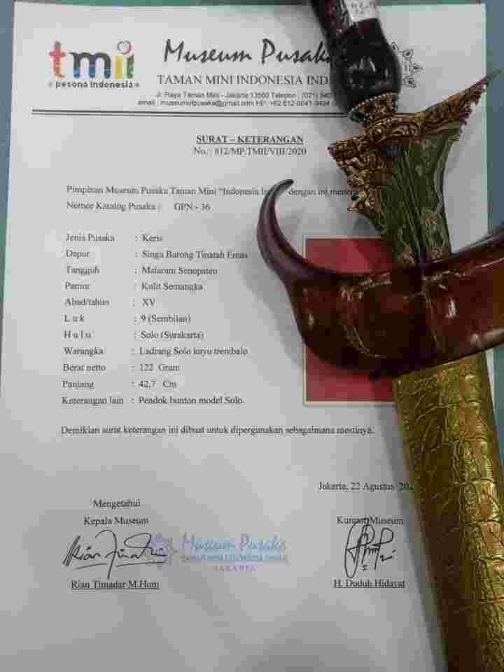 Keris Singo barong Mataram Senopaten Kinatah orisinal