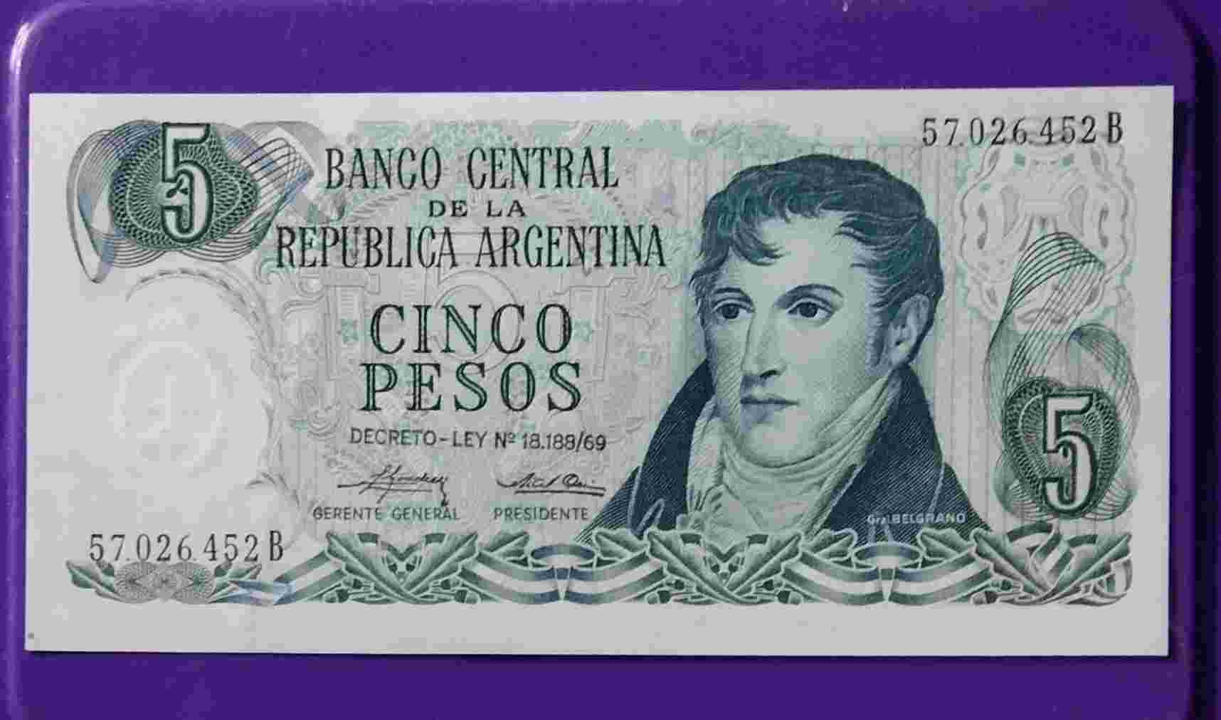 Uang Kertas Asing 5 Cinco Pesos Argentina Tahun 1969.h674