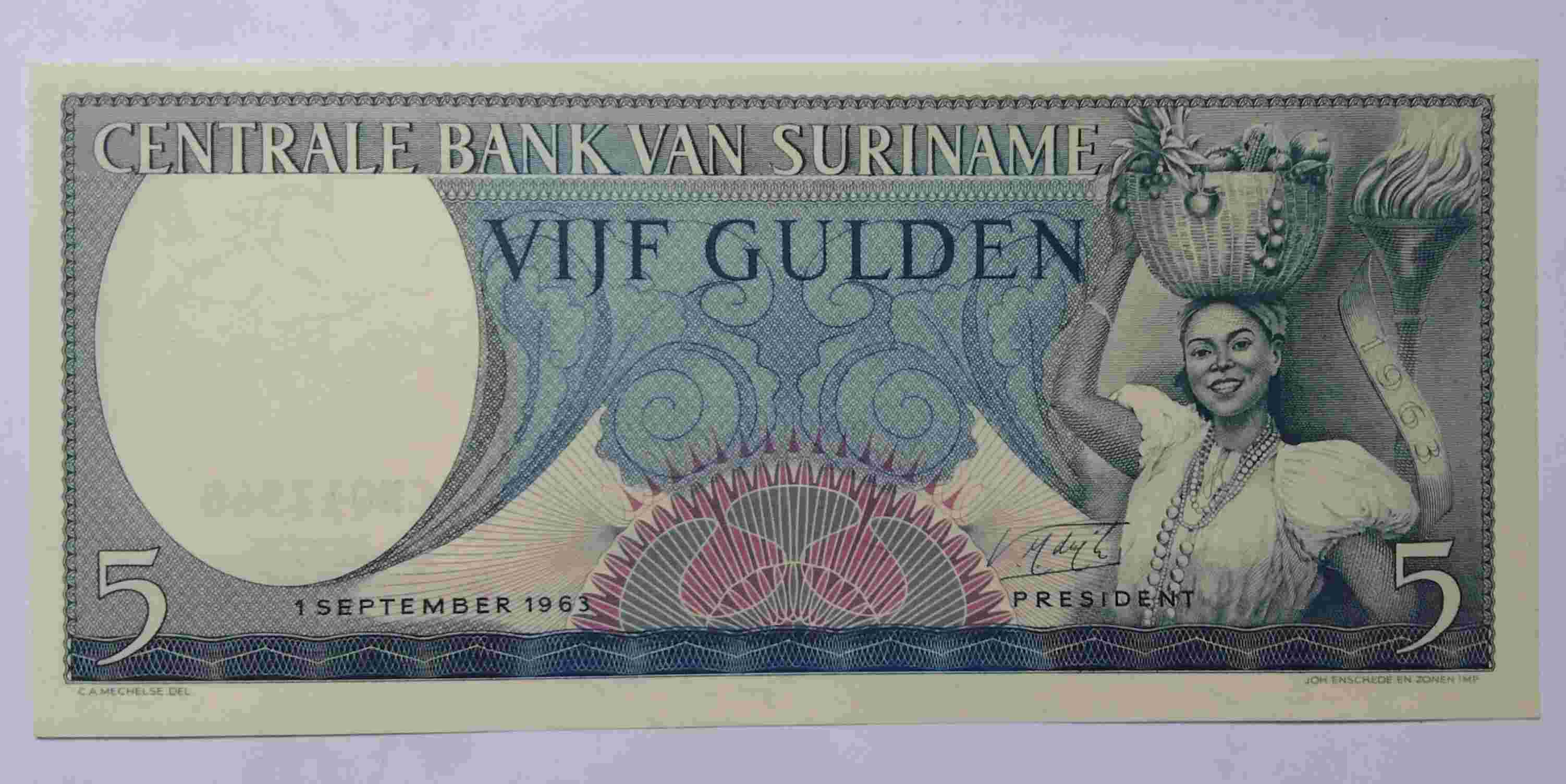 Uang Asing Suriname 5 Gulden 1963.h.692