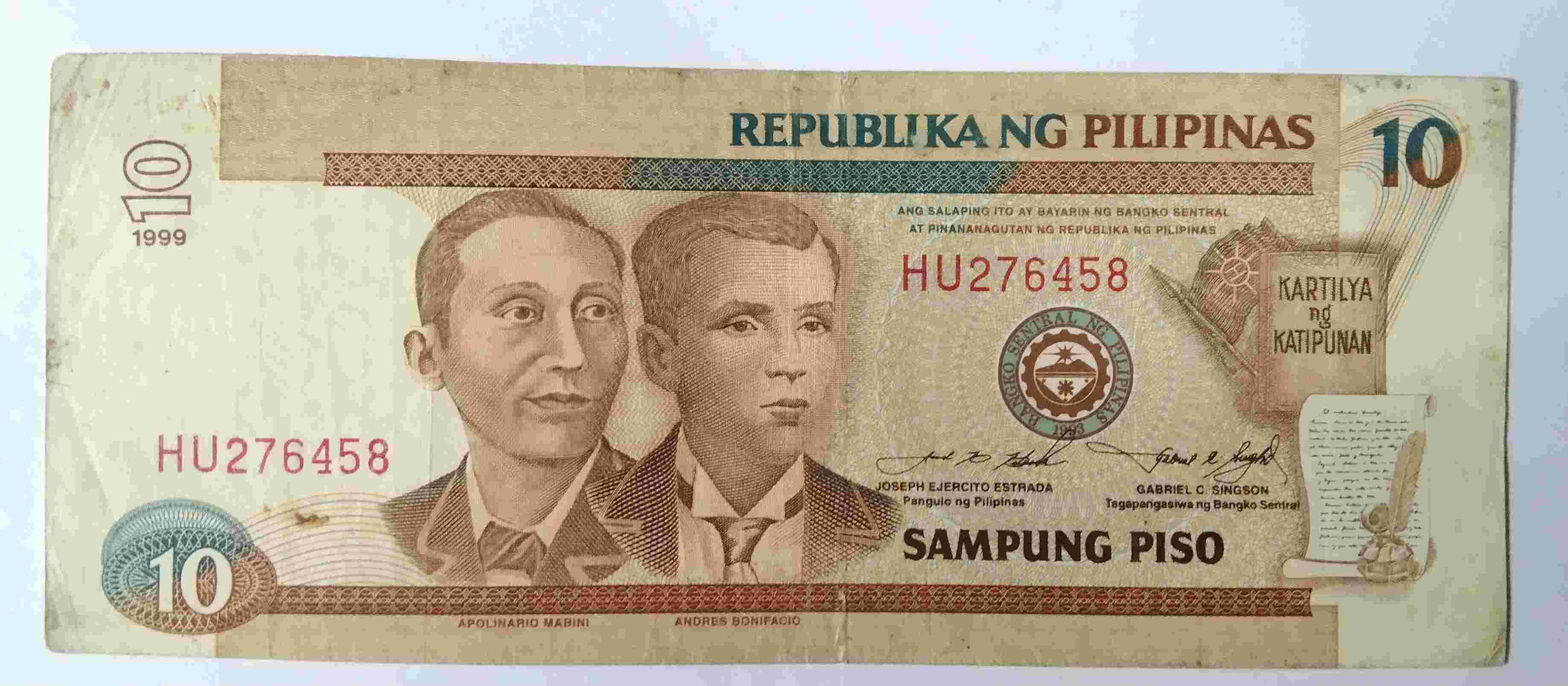 Uang Filipina 10 Piso tahun1999 prefiks 2 Huruf.Wn.906