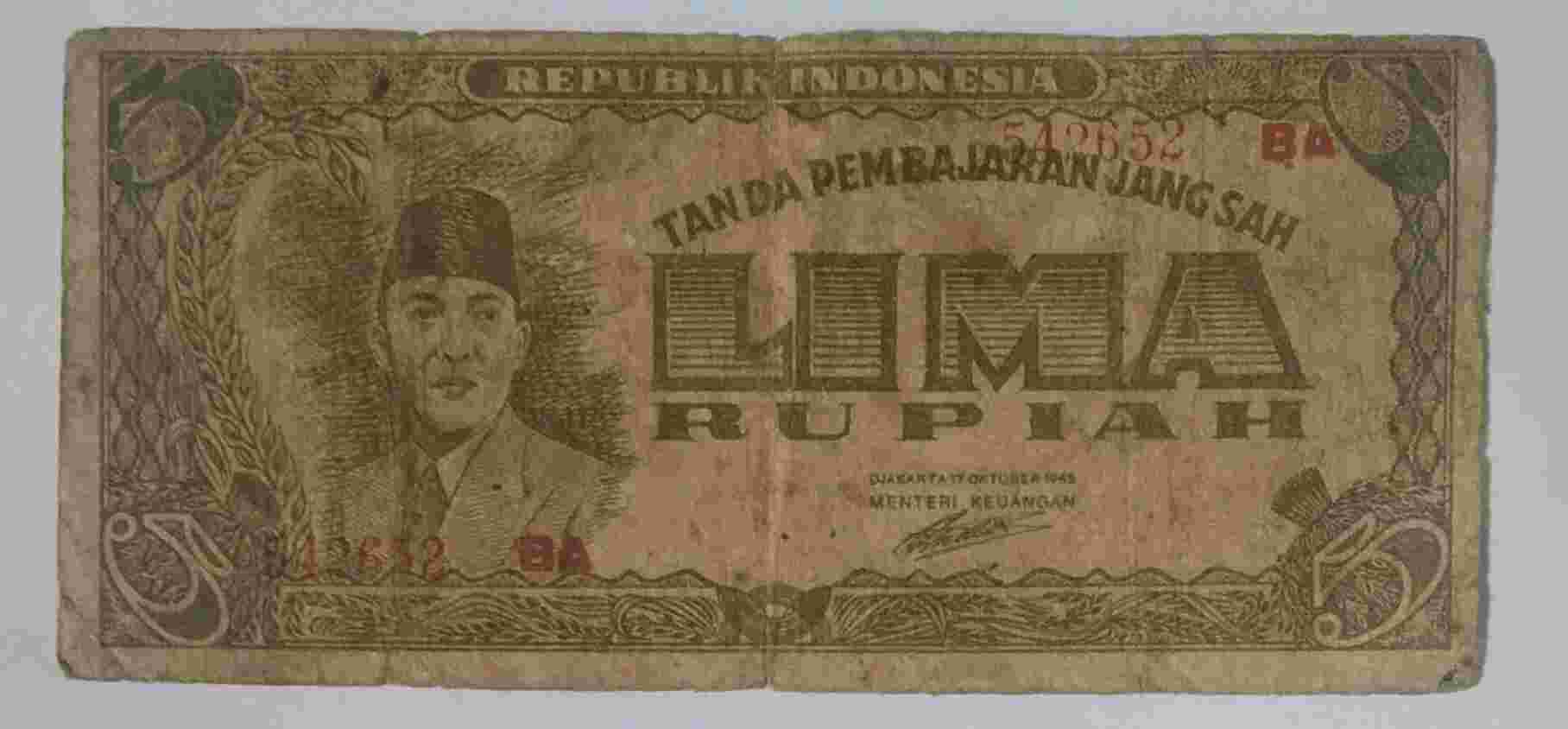 Uang ORI Indonesia 5 Rupiah Tahun 1945 Prefik 2 Angka 542652 BA.WN.908