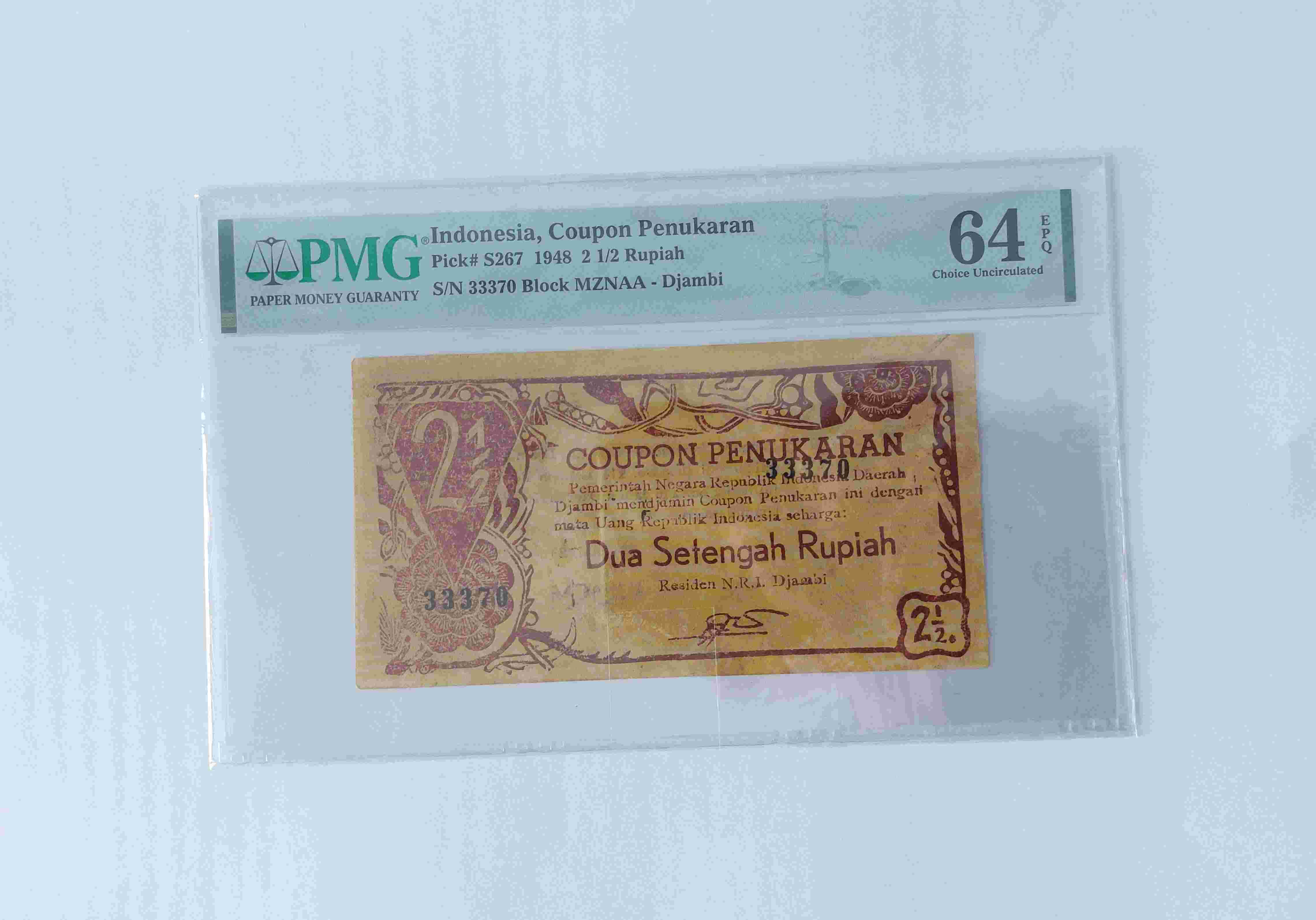 Uang Kuno Orida Djambi 2 ½ 1948 PMG 64 EPQ Second Top Pop
