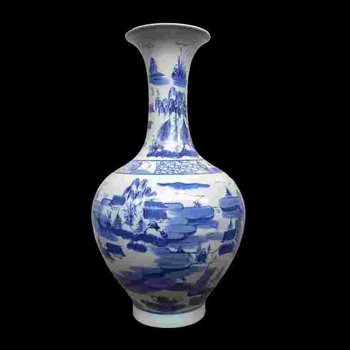 Barang Antik Guci Vas Porcelain Cina Lukis Biru Putih T.36cm Utuh