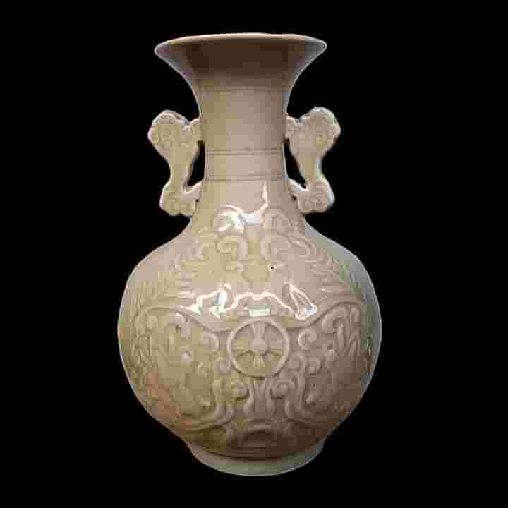 Barang Jadul Vas Porcelain Celadon Motif Kilin T.32cm Utuh Mulus Antik