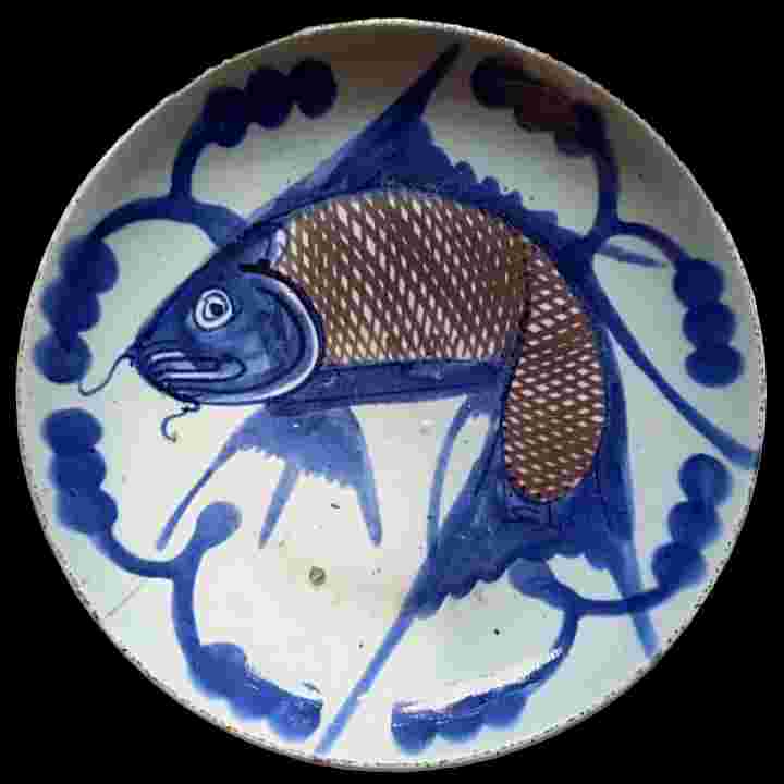 Piring Porcelain Cina Lukis Ikan Bader D.26cm Tua Kuno