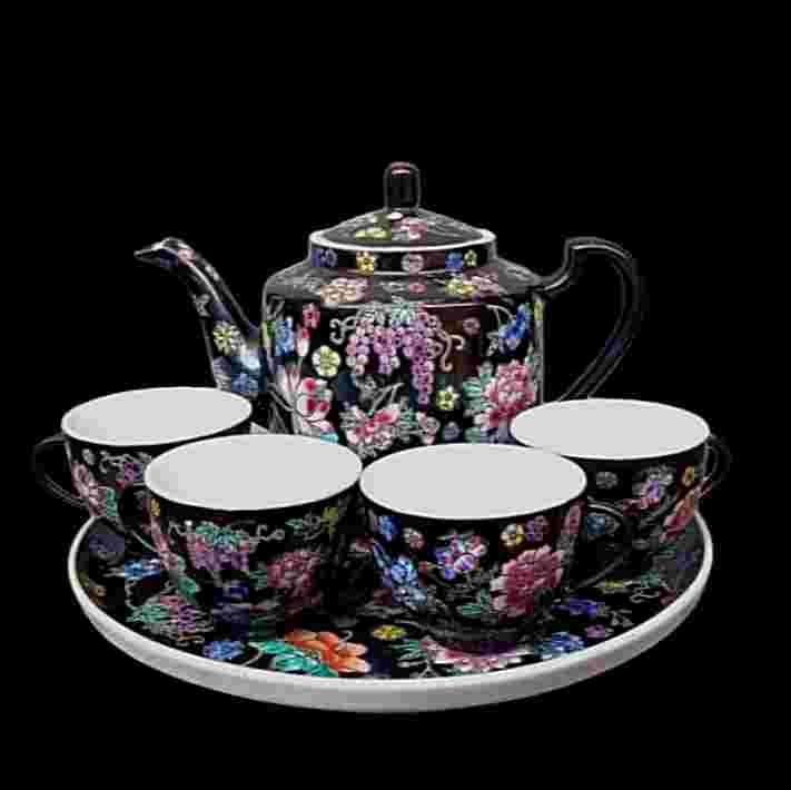 Barang Jadul Tea Set Porcelain Famile Noire Bunga Hitam Zhongguo Antik