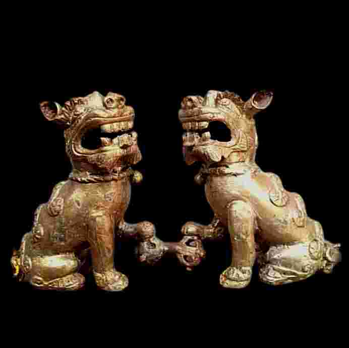 Barang Jadul Sepasang Patung Foo Dog Kuningan Utuh Antik