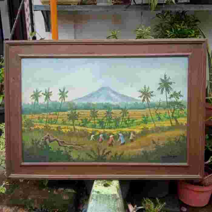 Barang Jadul Lukisan Oil on Canvas Panen Padi Sign Sukirno KR Antik