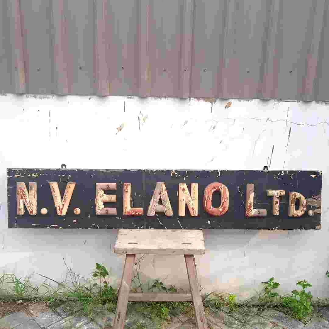 Antik Papan Nama Perusahaan Era Kolonial N.V. ELANO LTD Kayu Jati Tua