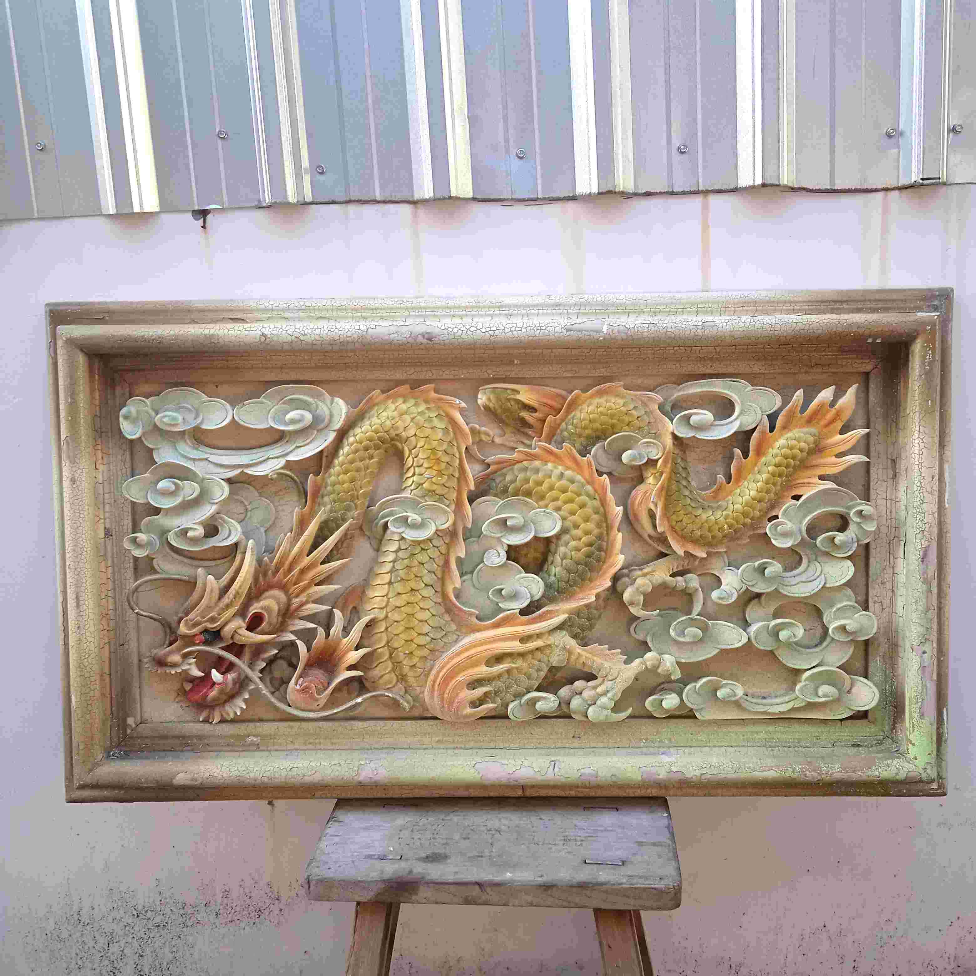 Antik Relief Ukir Kayu Jati Blok Motif Naga Halus Detail Berat Tebal