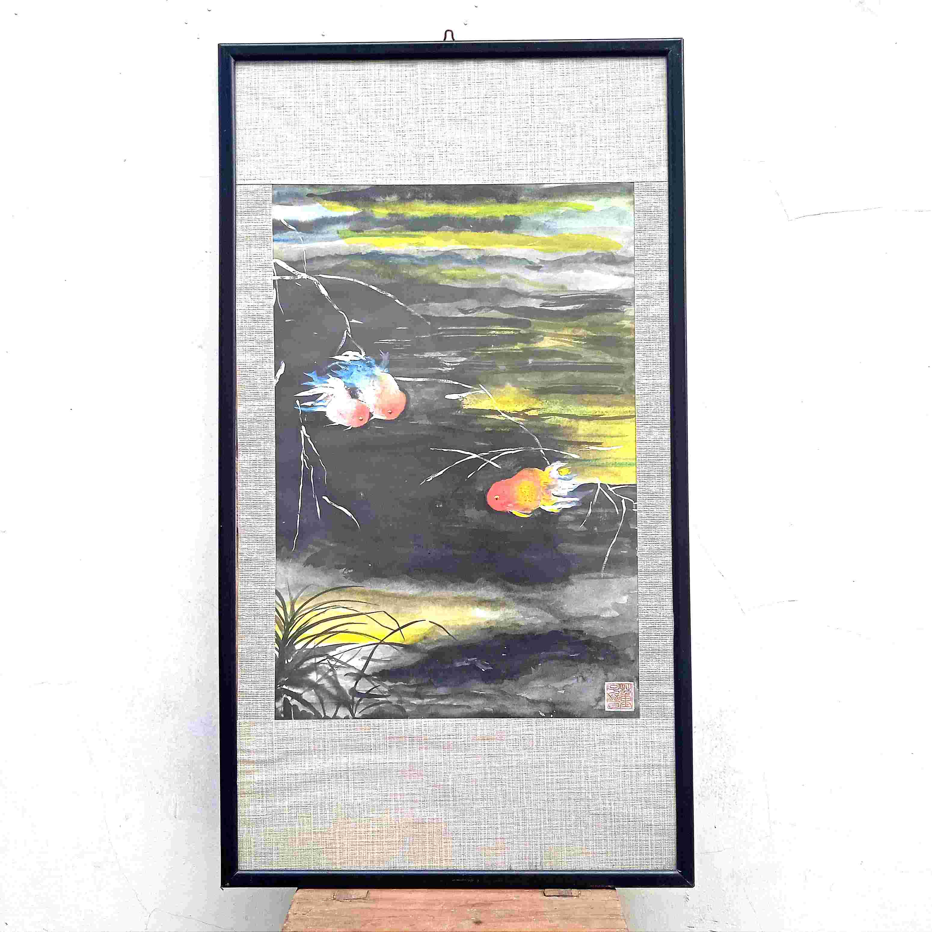 Antik Lukisan Kertas Lama Motif Ikan Mas Ada Marking Utuh Tua