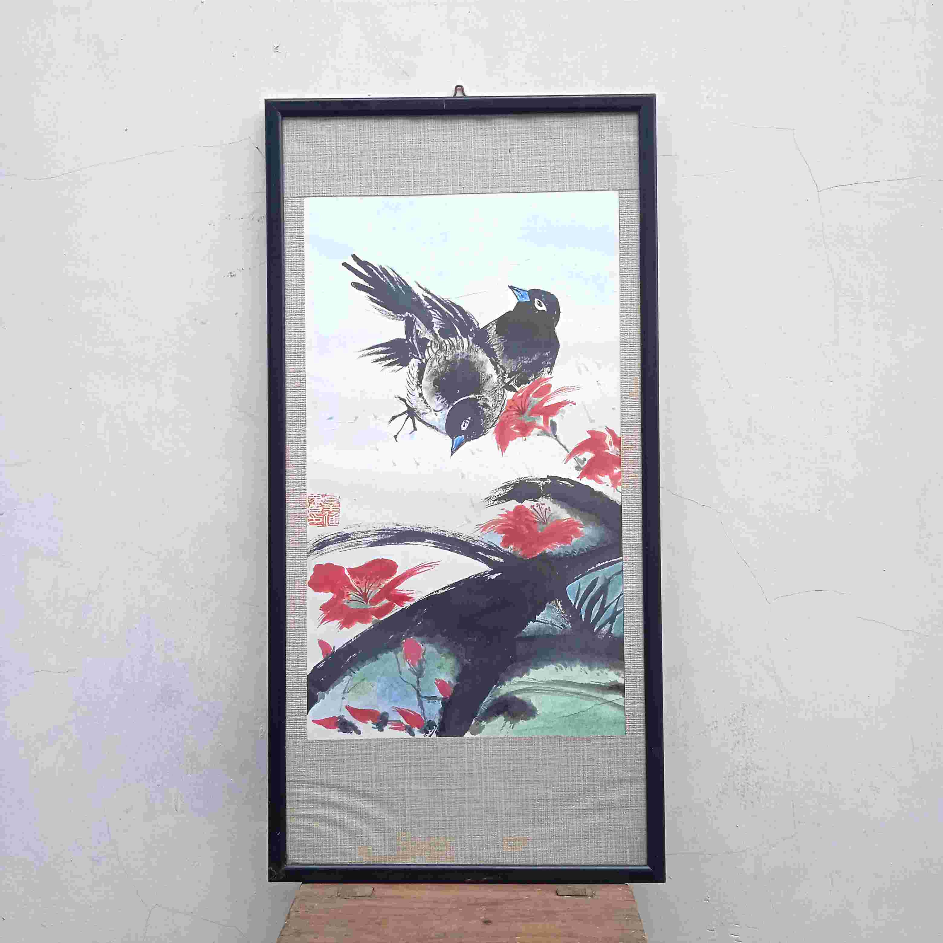 Antik Lukisan Kertas Cina Motif Sepasang Burung Utuh Tua