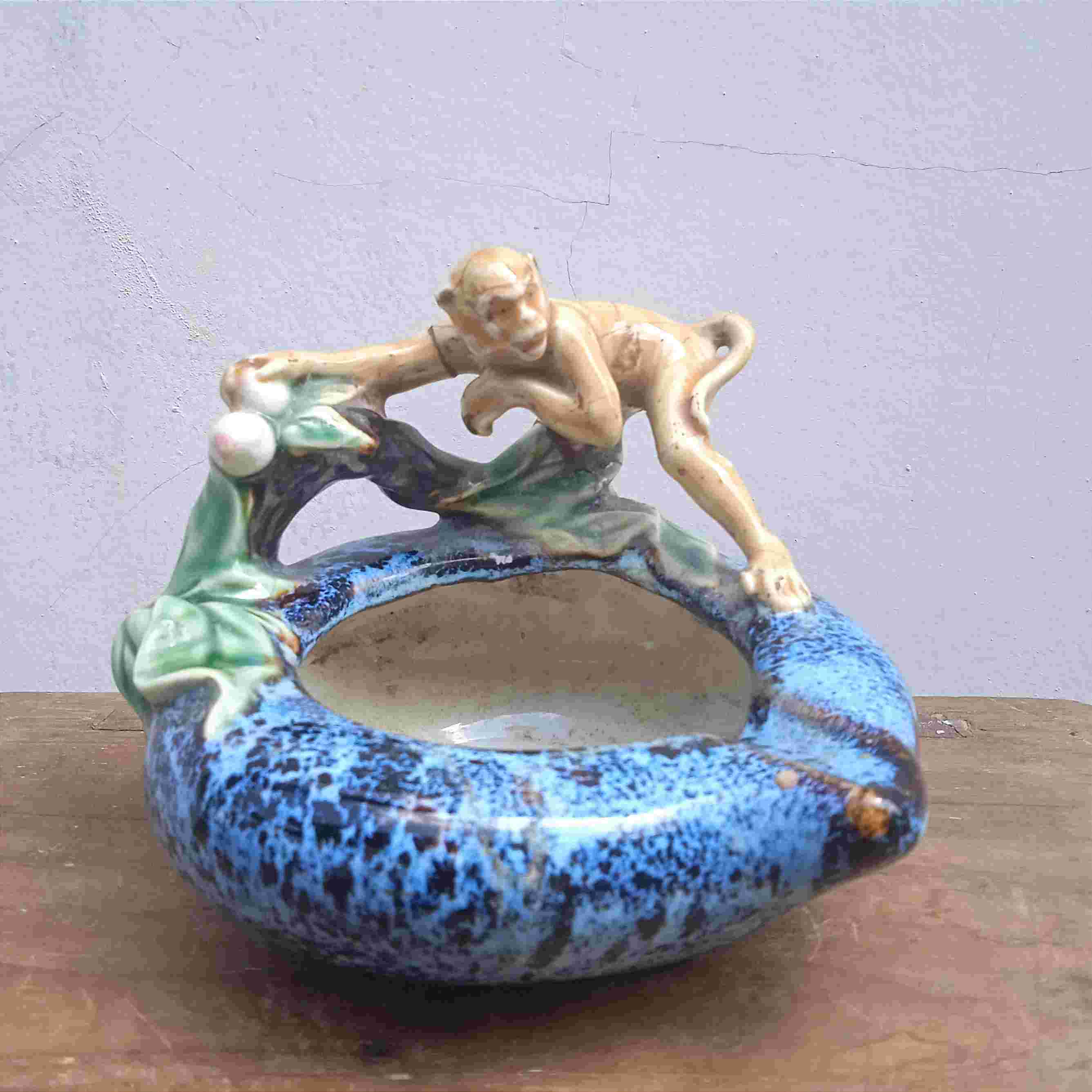 Antik Asbak Porcelain Cina Motif Kera Langka Unik Jadul