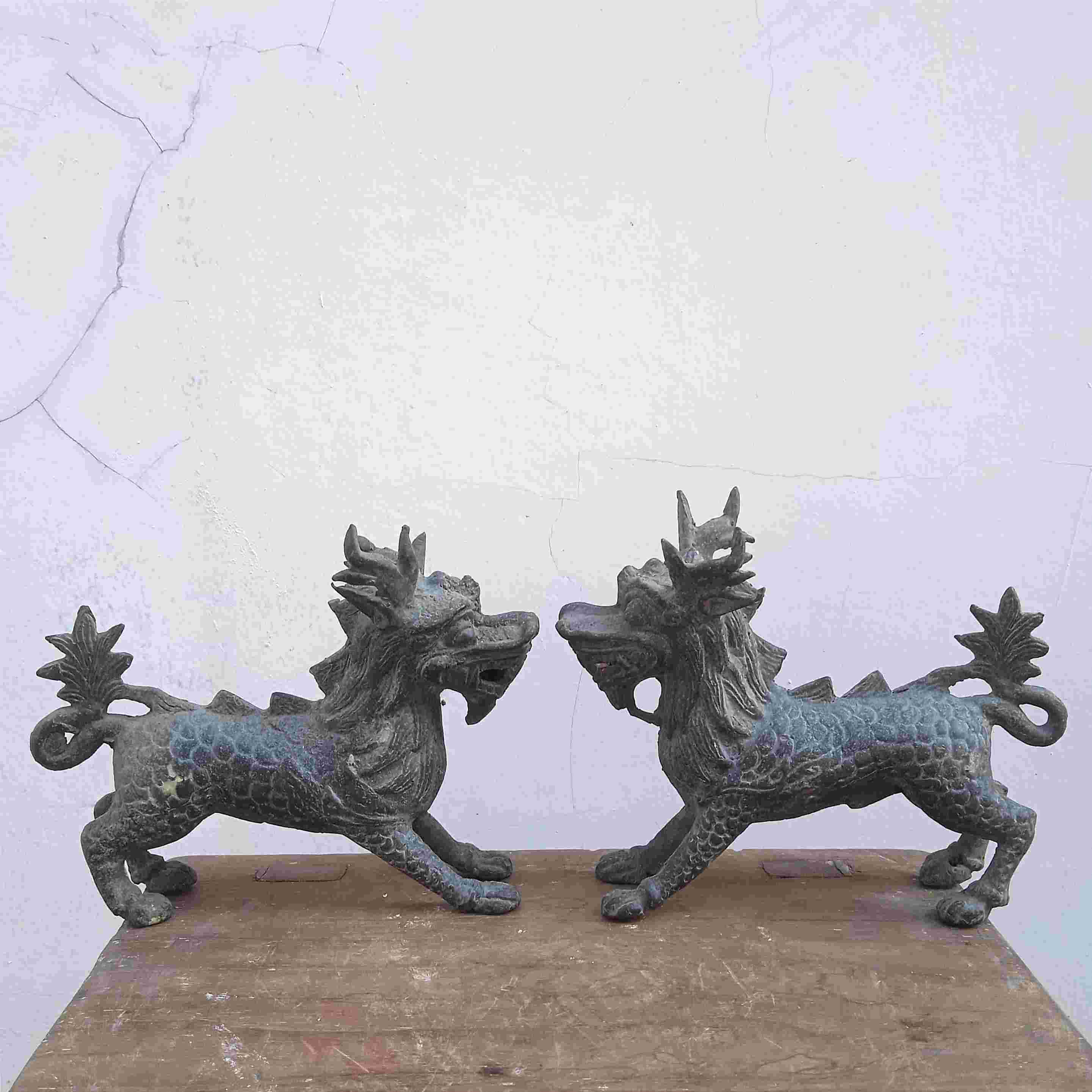 Barang Antik Sepasang Patung Kilin Perunggu Kuno Tua