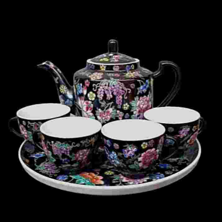 Barang Jadul Tea Set Porcelain Famile Noire Bunga Hitam Zhongguo Antik