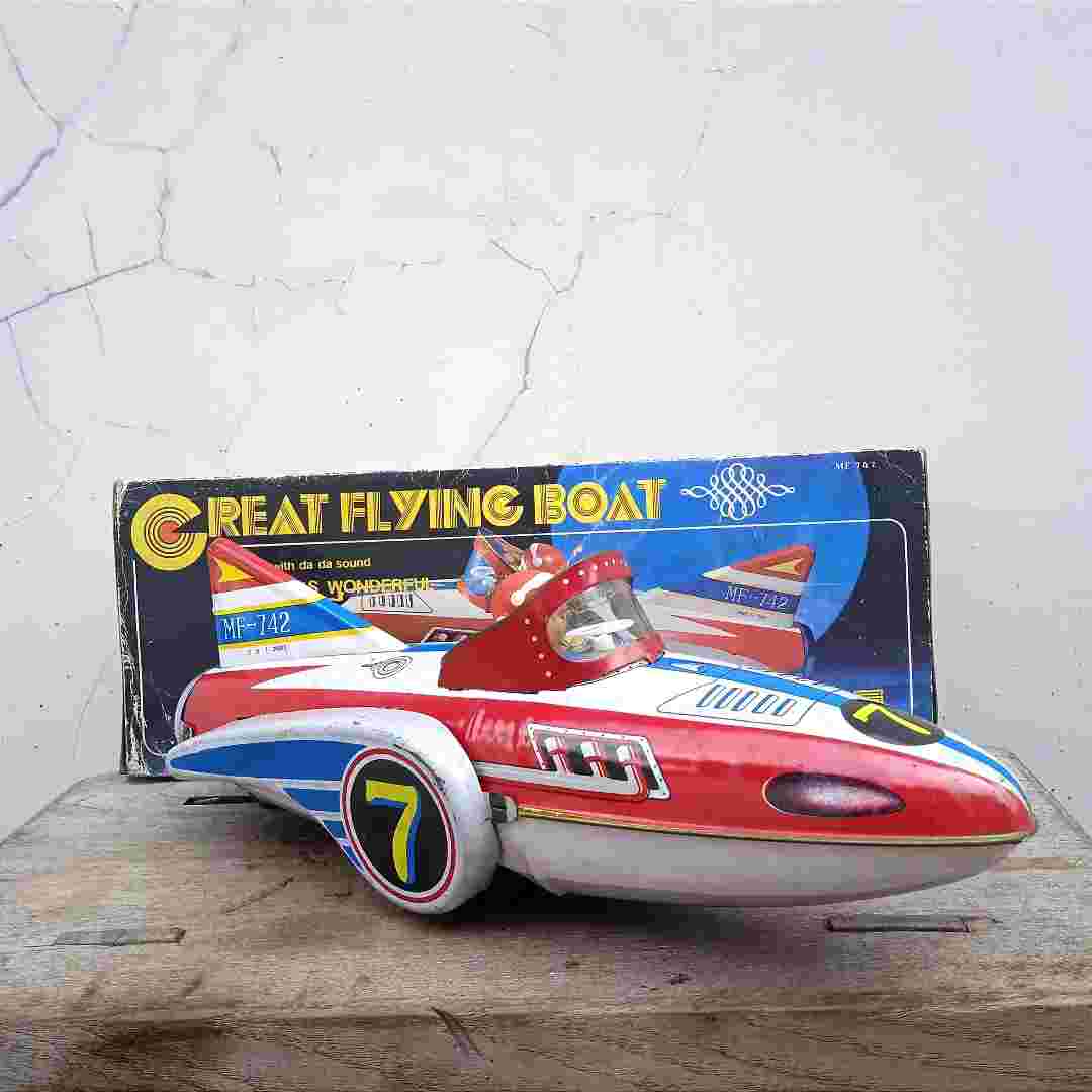 Barang Jadul Mainan Tin Toys Great Flying Boat Friction NOS Dus Antik