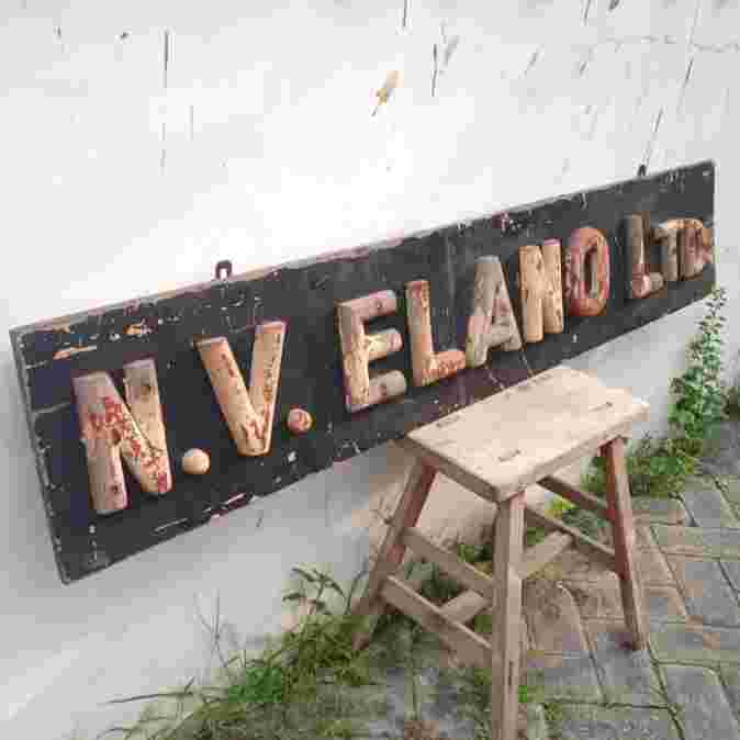 Antik Papan Nama Perusahaan Era Kolonial N.V. ELANO LTD Kayu Jati Tua