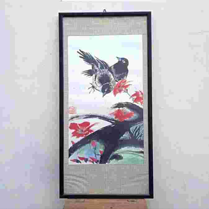 Antik Lukisan Kertas Cina Tinta Basah Motif Sepasang Burung Utuh Tua