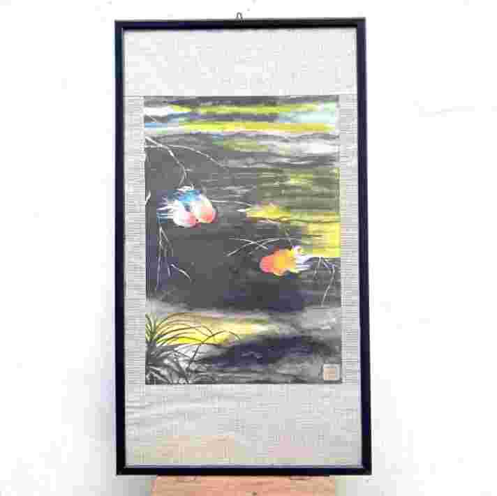 Antik Lukisan Kertas Lama Motif Ikan Mas Ada Marking Utuh Tua