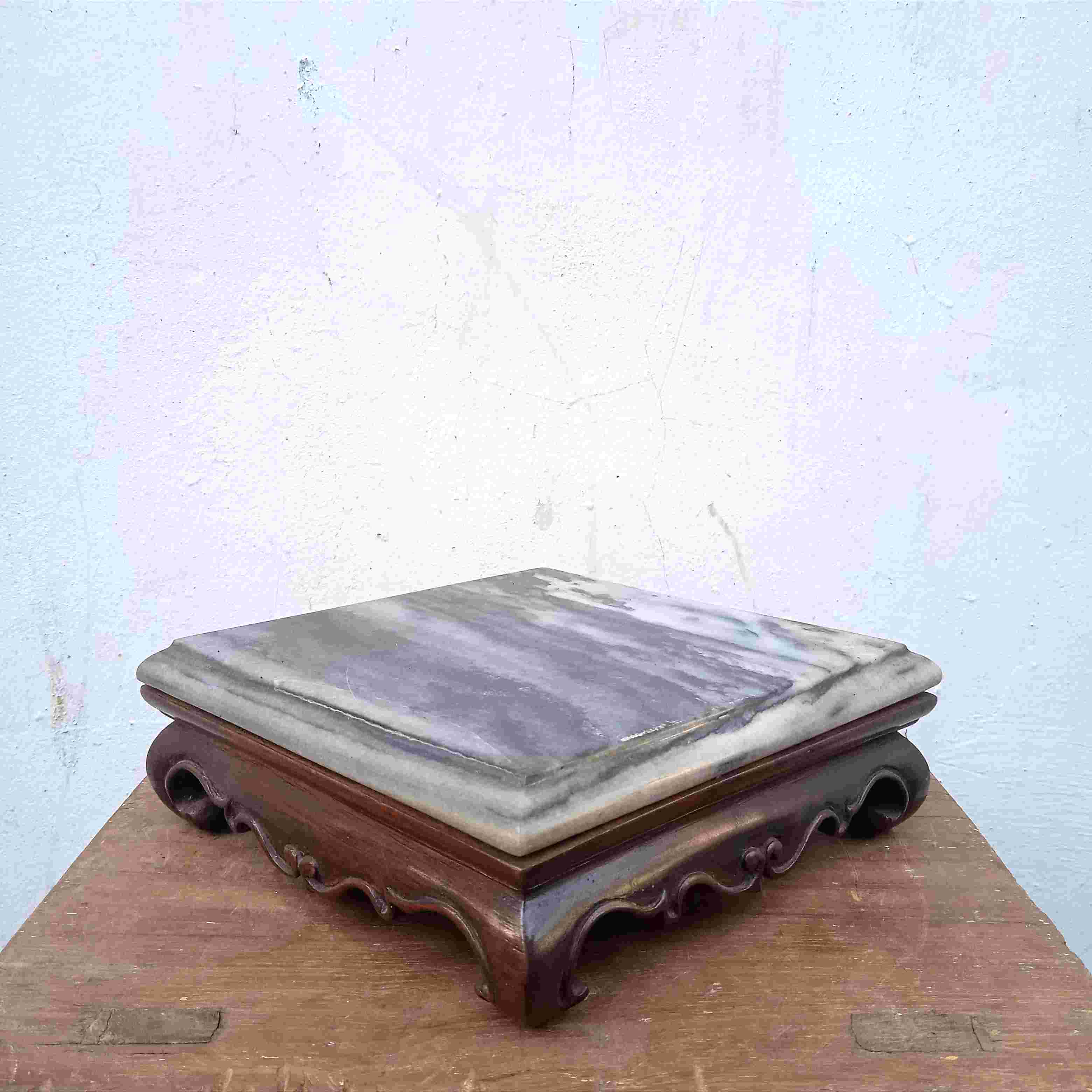 Antik Tatakan Bancikan Peranakan Kayu Swanci Topper Marmer Cina Kuno