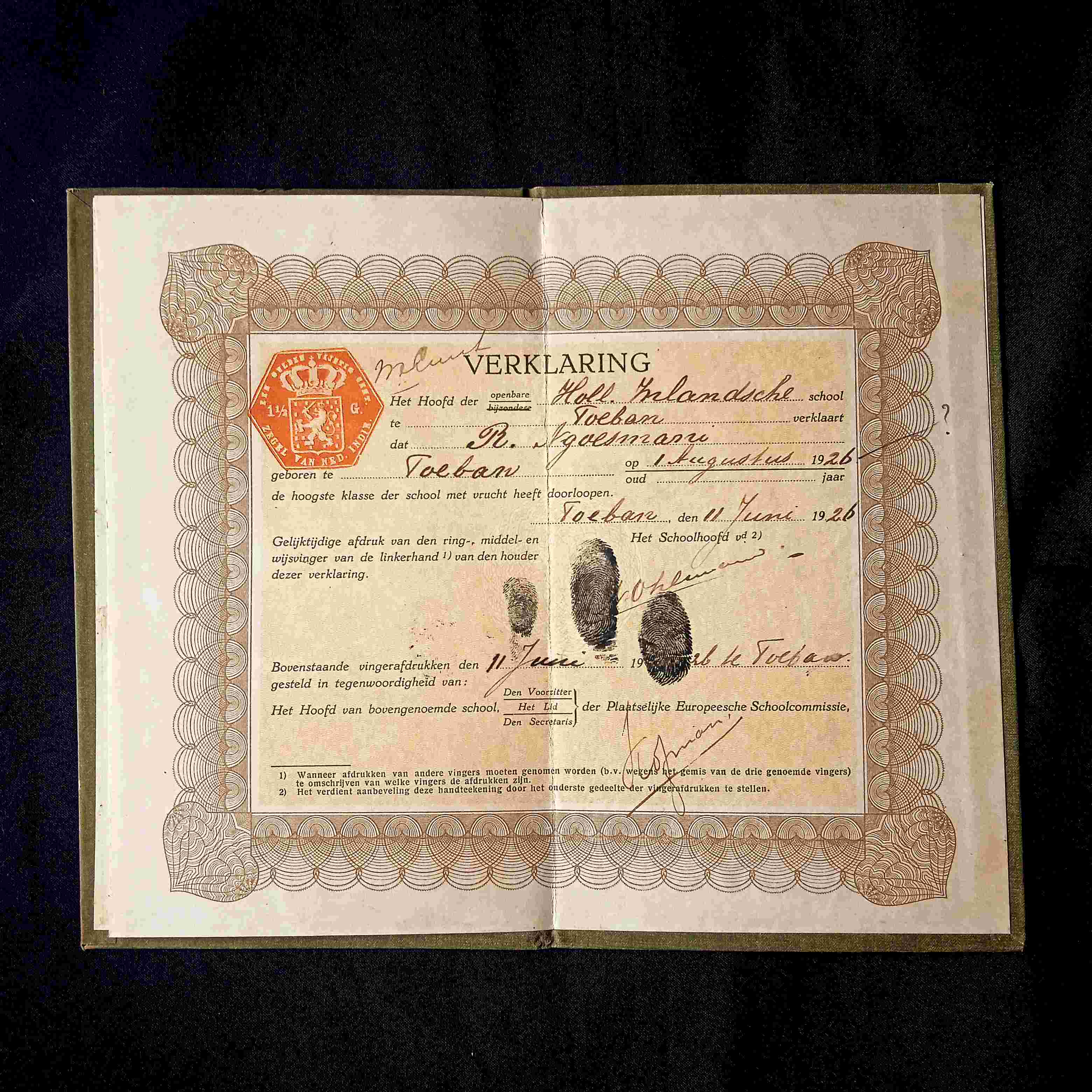 Antik Ijasah R.Ngoesmani Verklaring Hollandsch Inlandsche Scholen 1926