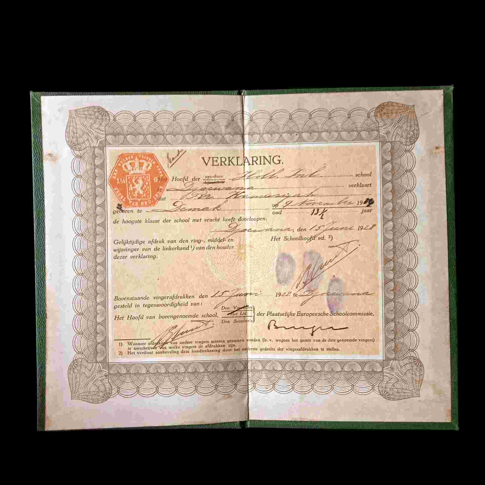 Antik Verklaring Hollandsch Inlandsche Scholen R.r. Kamarijah 1928