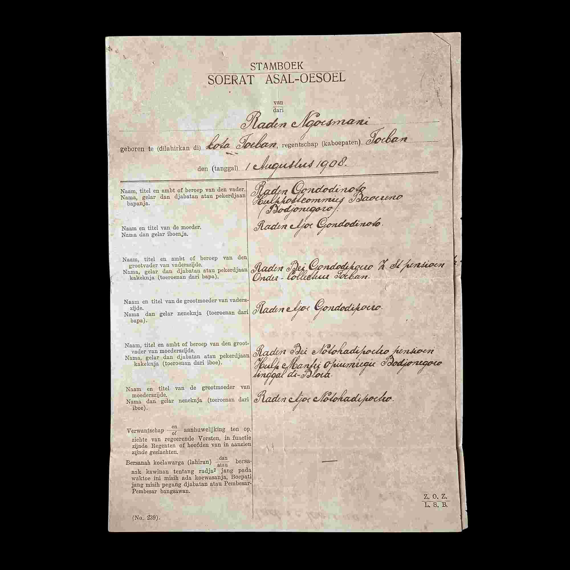 Antik Stamboek Soerat Asal-Oesoel Van Raden Ngasmoeni Toeban 1908 Tua