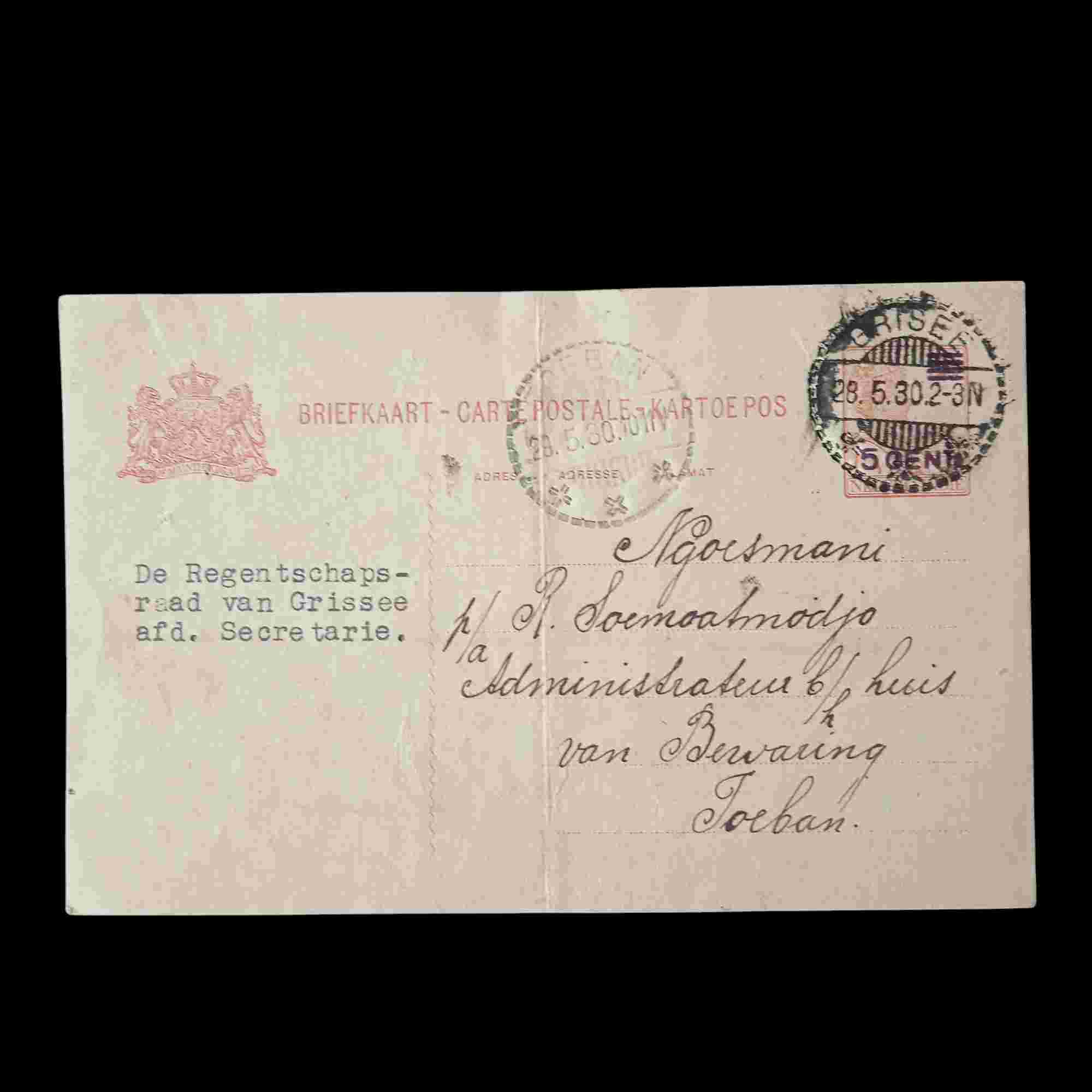 Antik Kartu Pos Era Kolonial Terkirim Dr Grisse/Gresik-Tuban Mei 1930