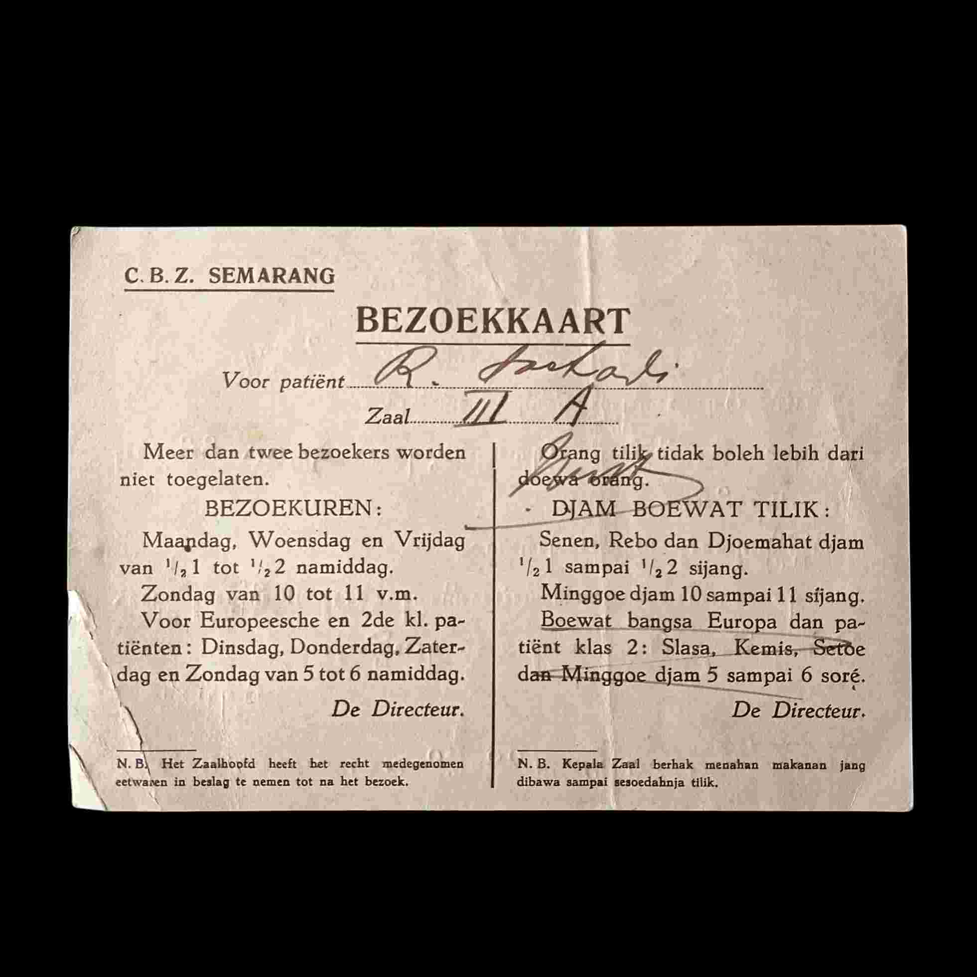 Antik Kartu Kunjungan Rumah Sakit BEZOEKKART Tiga Bahasa Semarang