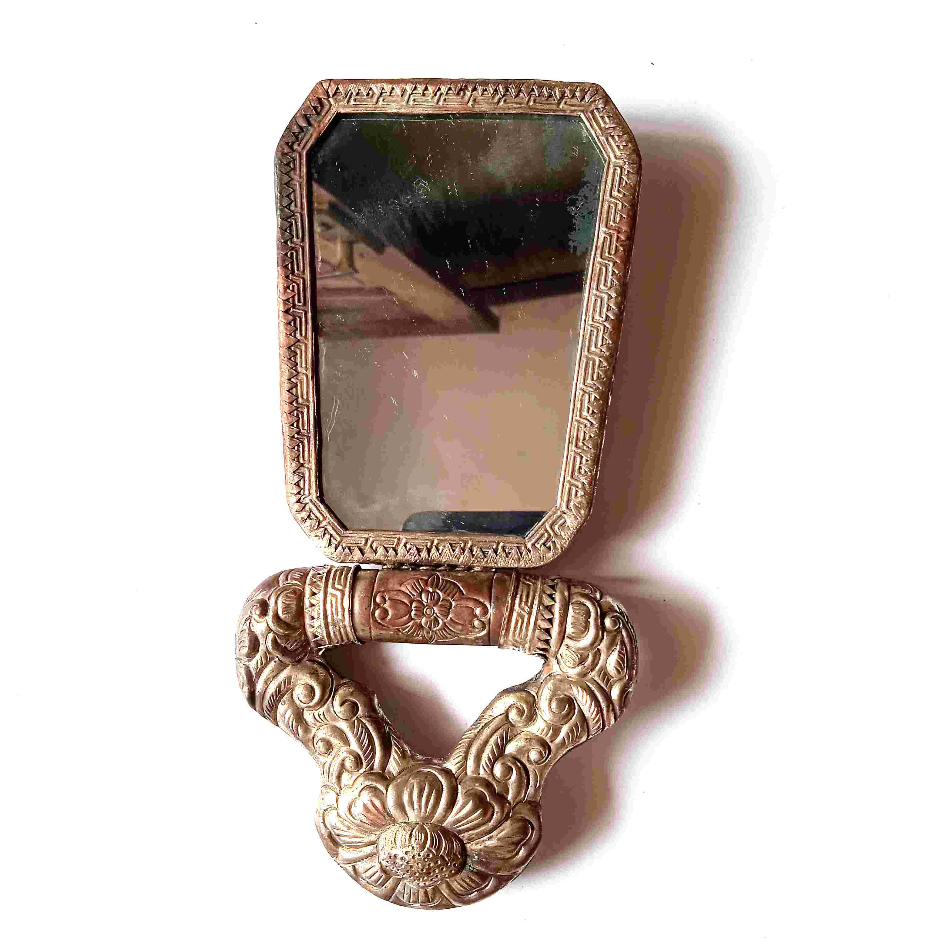 Antik Cermin Peranakan Tembaga Lapis Perak Detail Halus Tua Kuno