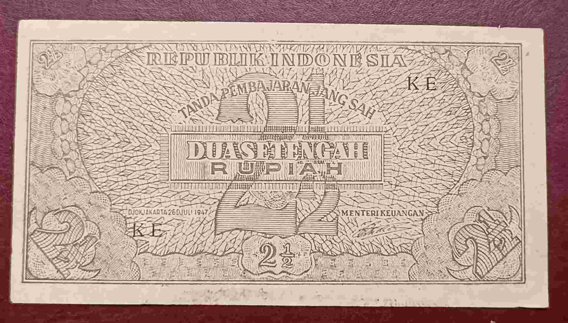 Uang kuno ORI jogja 2 1/2 rupiah 1947